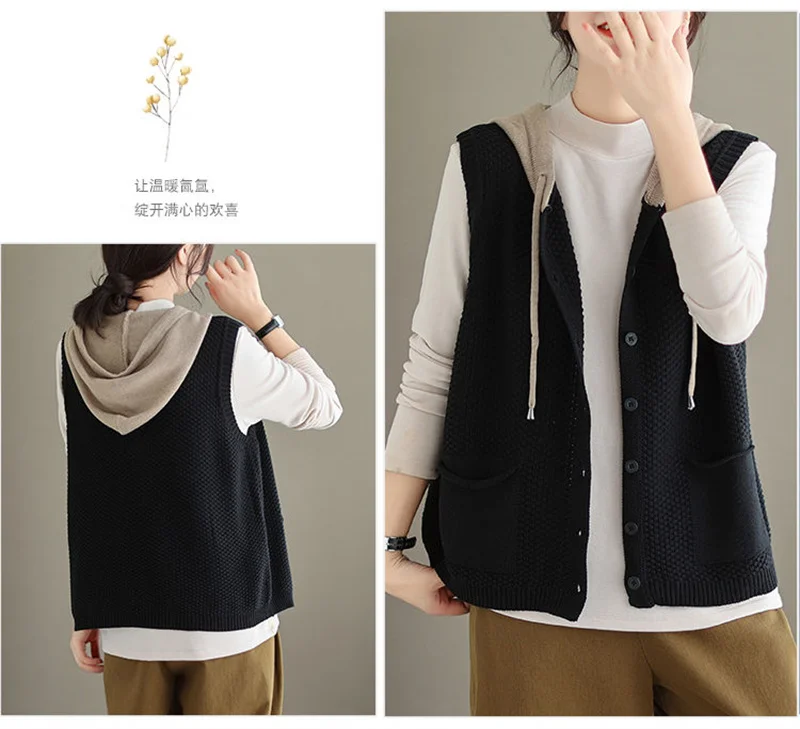 2026 New Hooded Knitted Vest Coat Women's Spring Autumn Sweater Sleeveless Jacket Design Sense Fashion Waistcoat Tide Female Top