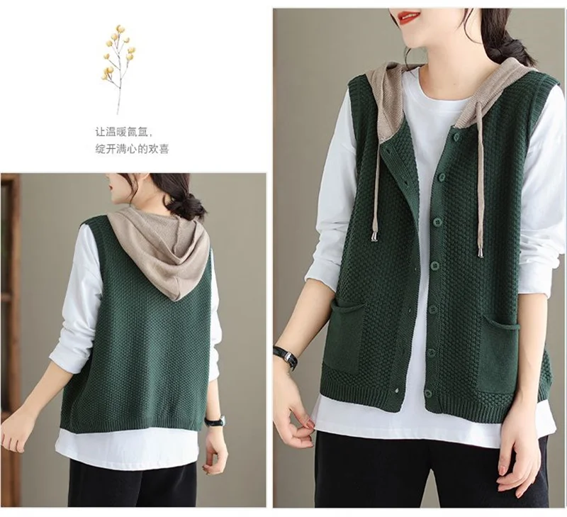 2026 New Hooded Knitted Vest Coat Women's Spring Autumn Sweater Sleeveless Jacket Design Sense Fashion Waistcoat Tide Female Top