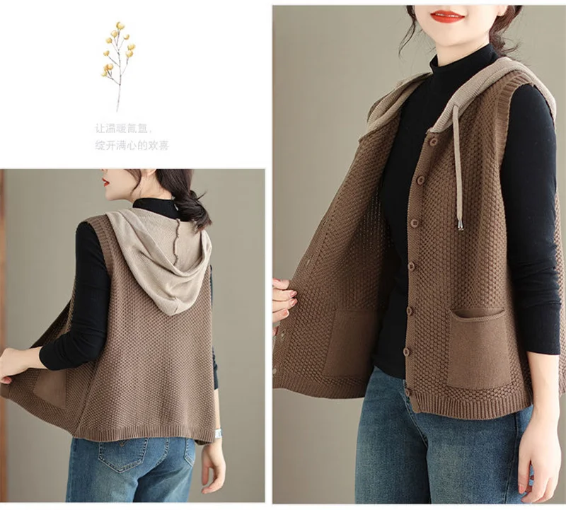 2026 New Hooded Knitted Vest Coat Women's Spring Autumn Sweater Sleeveless Jacket Design Sense Fashion Waistcoat Tide Female Top