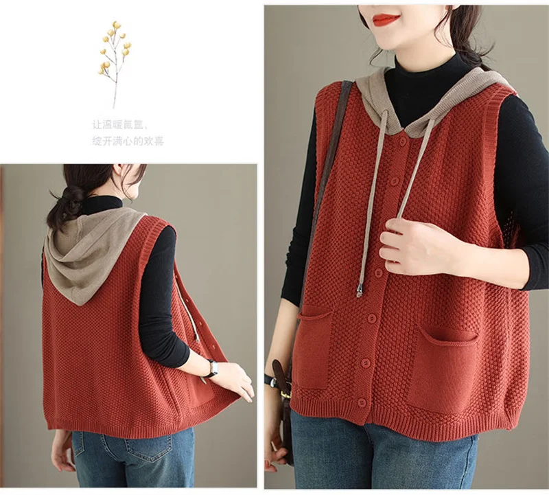 2026 New Hooded Knitted Vest Coat Women's Spring Autumn Sweater Sleeveless Jacket Design Sense Fashion Waistcoat Tide Female Top