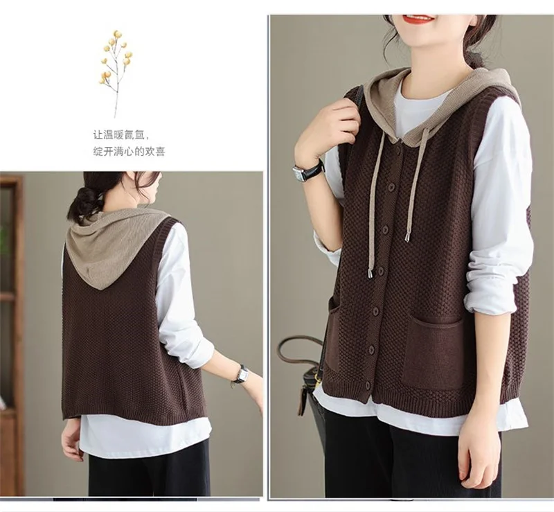 2026 New Hooded Knitted Vest Coat Women's Spring Autumn Sweater Sleeveless Jacket Design Sense Fashion Waistcoat Tide Female Top