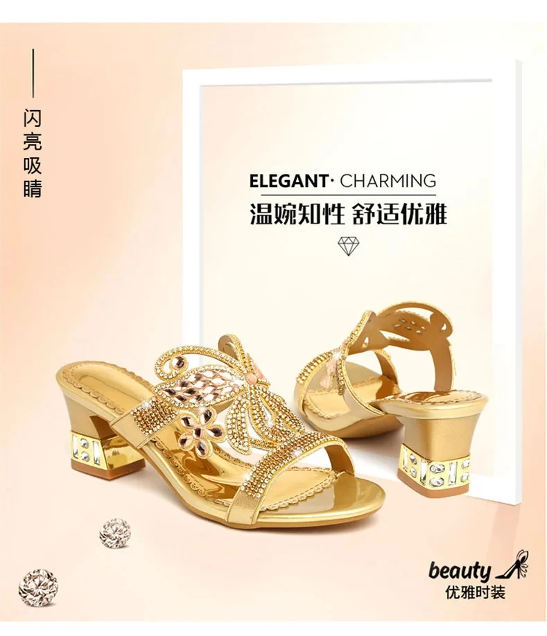 Summer New Fashion Sandals Women Crystal Slippers Glitter Bling Flip Flops Outdoor Slides Hot Beach Thick Heel Shoes