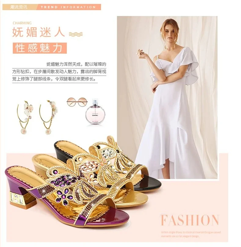 Summer New Fashion Sandals Women Crystal Slippers Glitter Bling Flip Flops Outdoor Slides Hot Beach Thick Heel Shoes