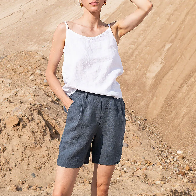 New in 100% Linen Tops Woman 2026 Solid Sleeveless White Crop Top Basic Tanks & Camis Korean Fashion Clothing
