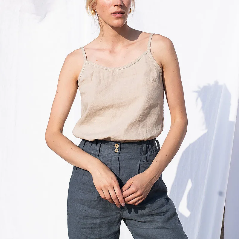 New in 100% Linen Tops Woman 2026 Solid Sleeveless White Crop Top Basic Tanks & Camis Korean Fashion Clothing