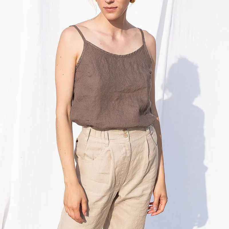 New in 100% Linen Tops Woman 2026 Solid Sleeveless White Crop Top Basic Tanks & Camis Korean Fashion Clothing