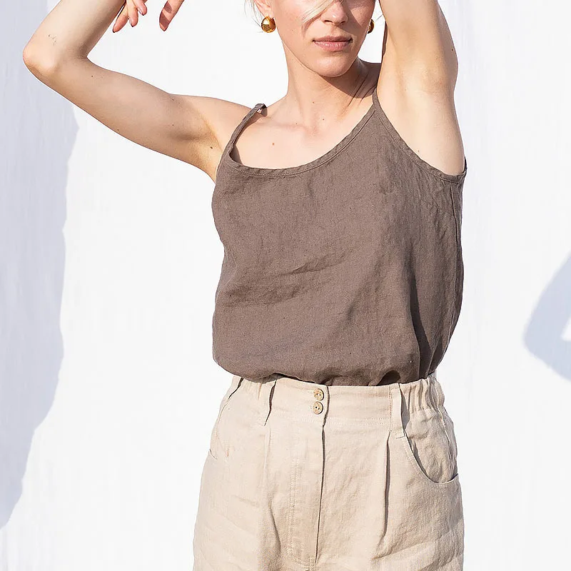 New in 100% Linen Tops Woman 2026 Solid Sleeveless White Crop Top Basic Tanks & Camis Korean Fashion Clothing