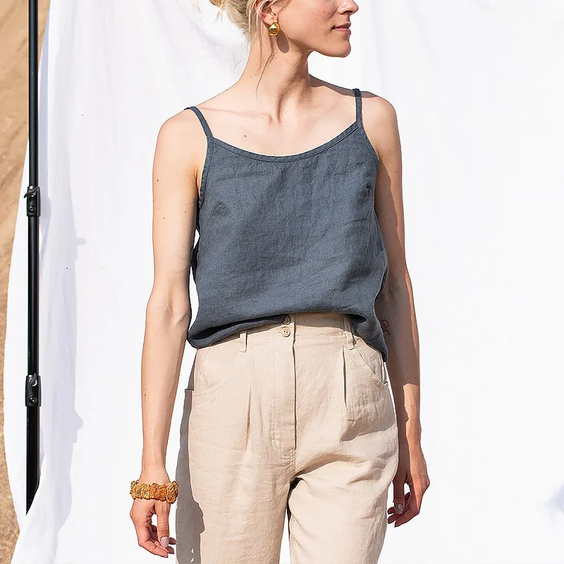 New in 100% Linen Tops Woman 2026 Solid Sleeveless White Crop Top Basic Tanks & Camis Korean Fashion Clothing