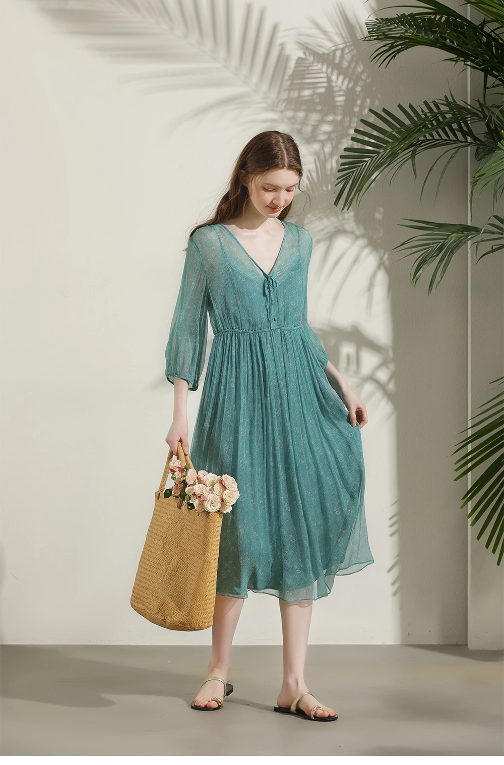 BirdTree 100%Real Silk Party Dress, Women 2 Piece Set Puff Sleeve, Printed Elegant French Fairy Dresses, 2026 Summer D42805QC