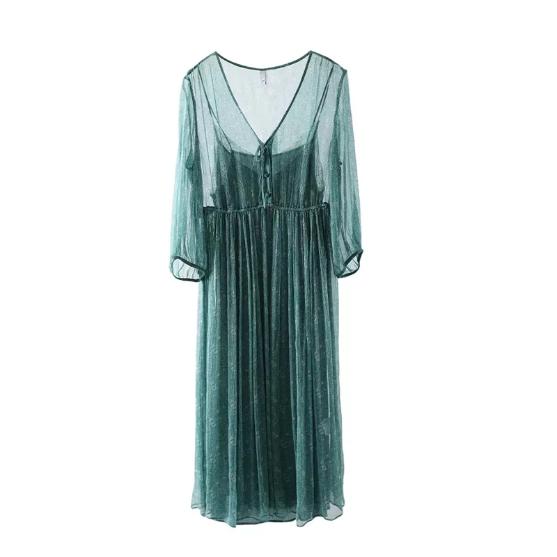 BirdTree 100%Real Silk Party Dress, Women 2 Piece Set Puff Sleeve, Printed Elegant French Fairy Dresses, 2026 Summer D42805QC
