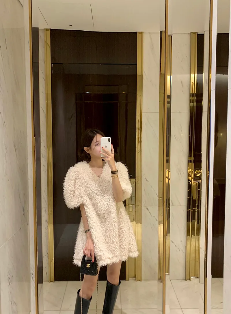 Clothland Women Elegant White Black Fur Dress V Neck Short Sleeve A Line Party Event Club Mini Dresses Vestido QD305