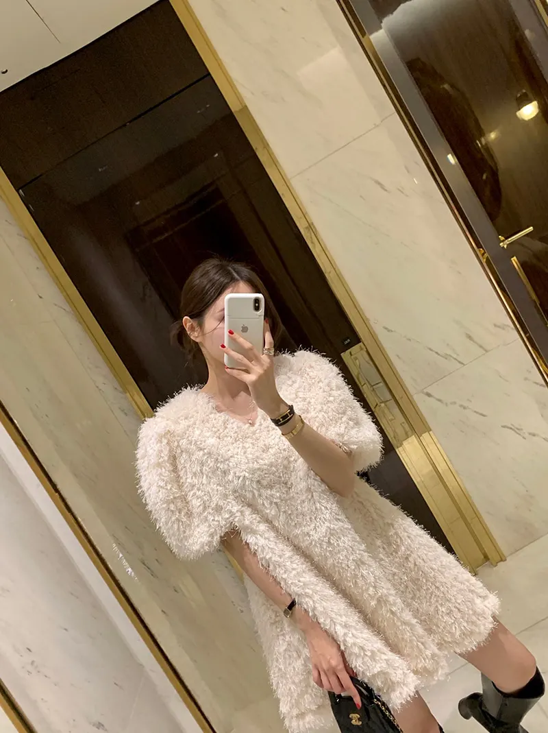 Clothland Women Elegant White Black Fur Dress V Neck Short Sleeve A Line Party Event Club Mini Dresses Vestido QD305