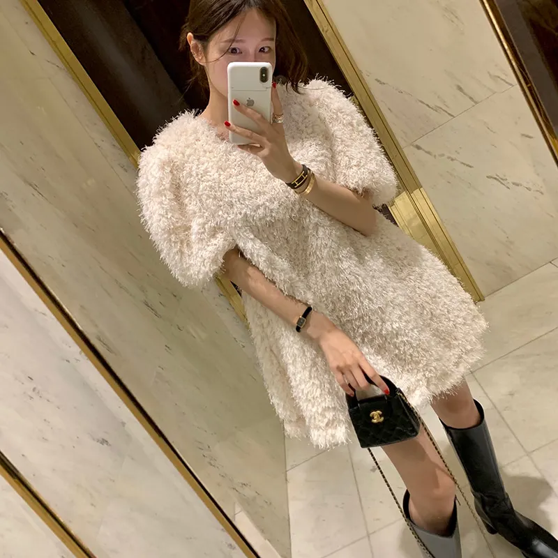 Clothland Women Elegant White Black Fur Dress V Neck Short Sleeve A Line Party Event Club Mini Dresses Vestido QD305