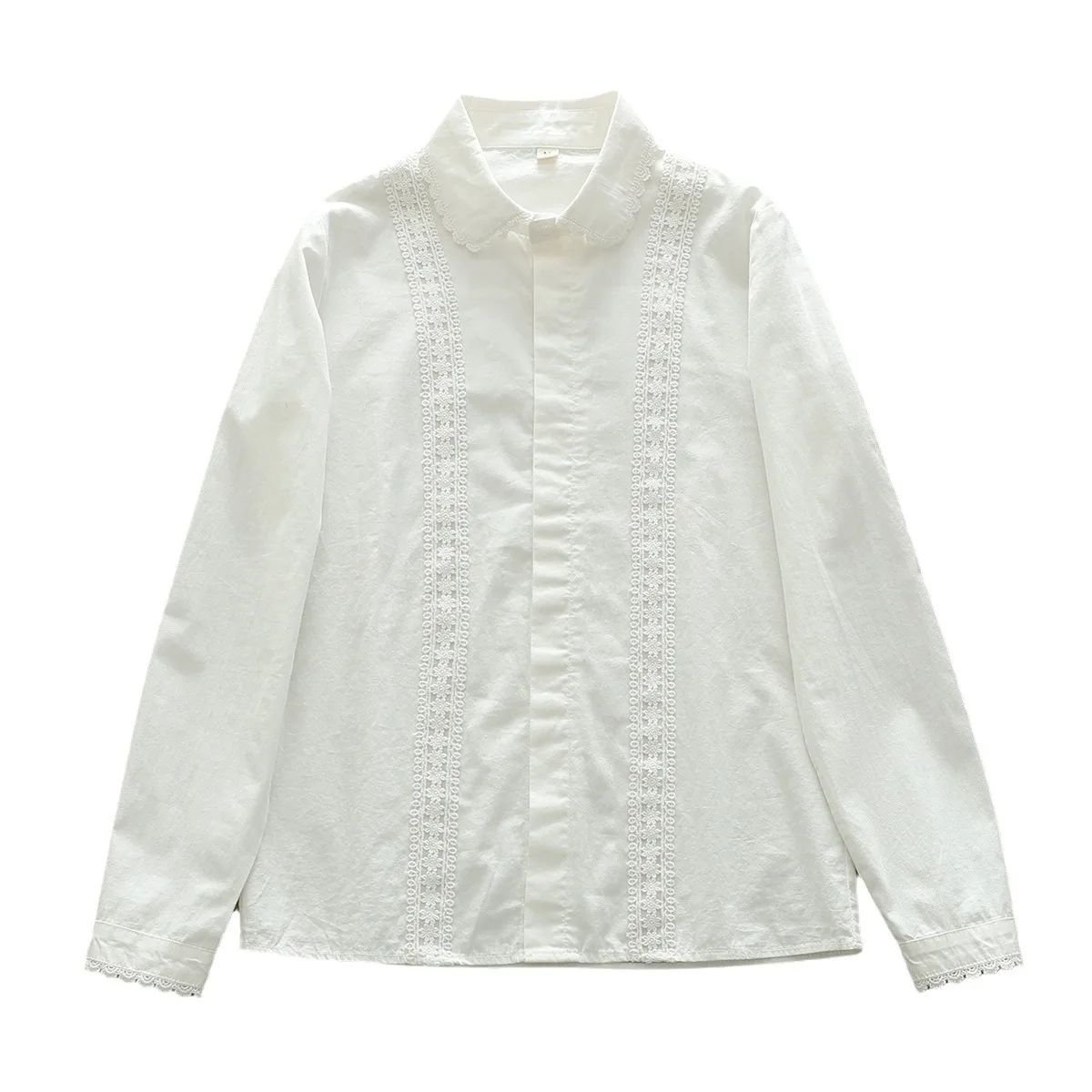 New Autumn Cotton Solid Shirt Women Lapel Collar Sweet Tops Girl Long Sleeve Lace Blouses Age Reduction 2024 Spring T41643QC