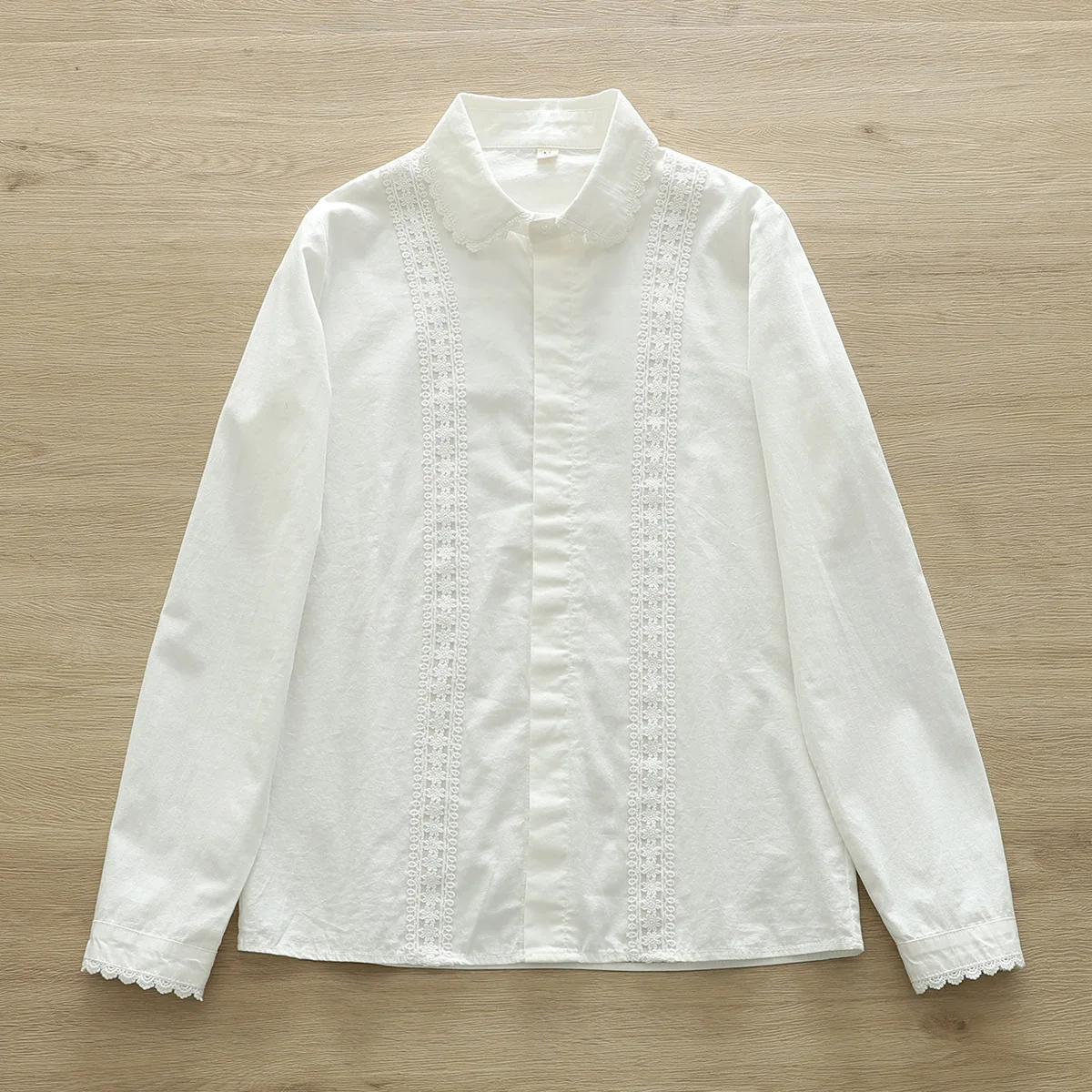 New Autumn Cotton Solid Shirt Women Lapel Collar Sweet Tops Girl Long Sleeve Lace Blouses Age Reduction 2024 Spring T41643QC