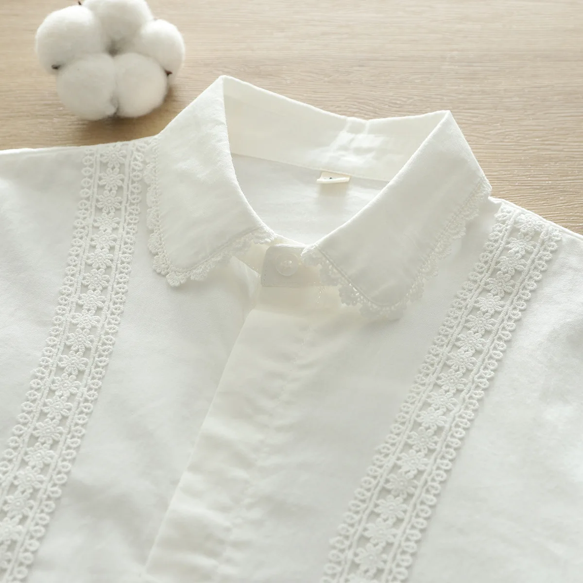 New Autumn Cotton Solid Shirt Women Lapel Collar Sweet Tops Girl Long Sleeve Lace Blouses Age Reduction 2024 Spring T41643QC