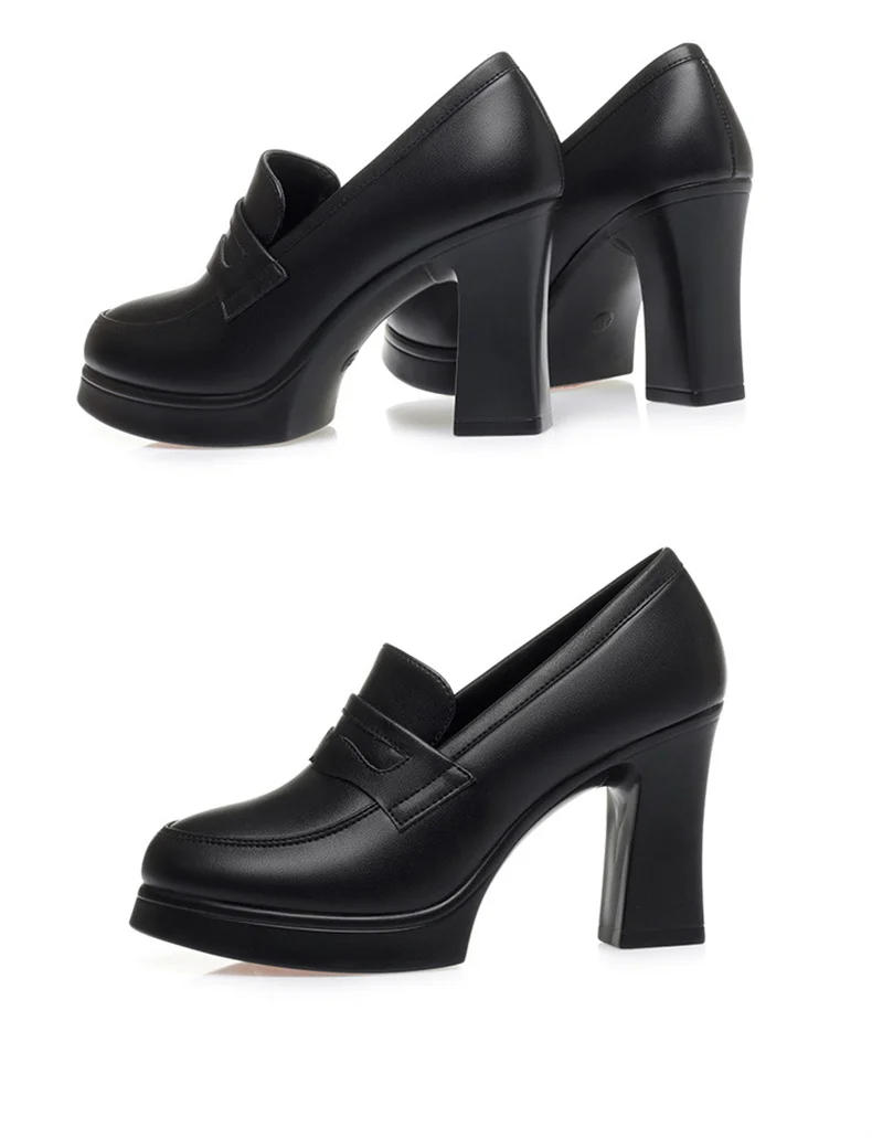 Fashion Comfortable Black Soft Leather Shoes Deep Mouth Spring 2024 Block Heels Shoes Women for Office Mom Model Versatile