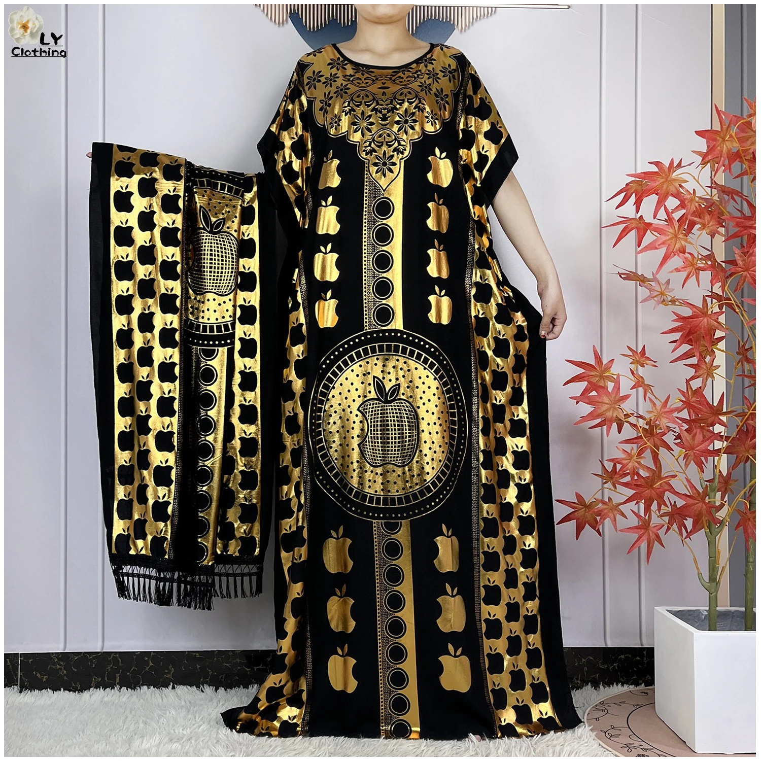 2023 New Muslim Summer Short Sleeve Robe Gold Stamping Boubou Maxi Women Femme Loose Dress With Big Scarf African Abaya Clothes