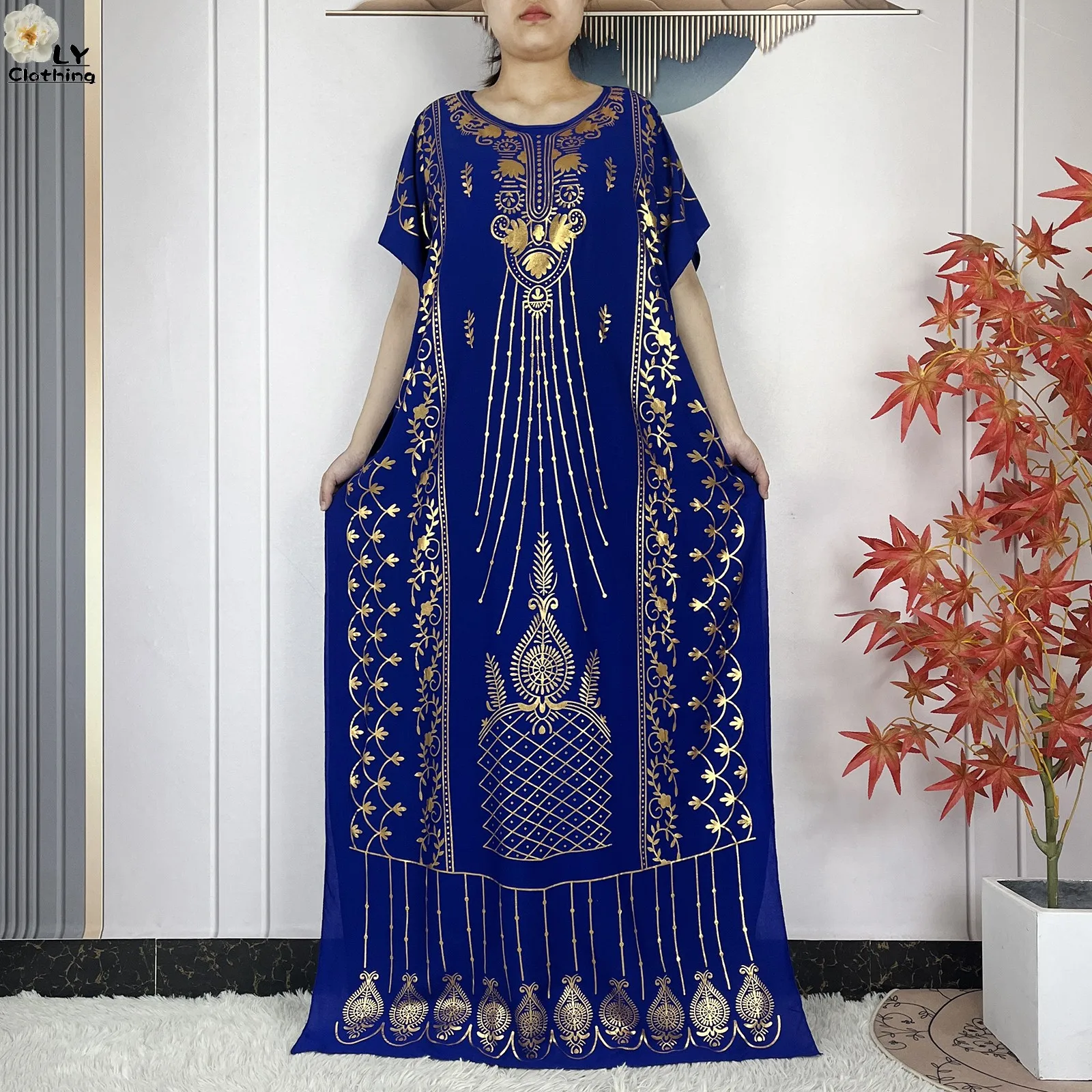 2023 New Muslim Summer Short Sleeve Robe Gold Stamping Boubou Maxi Women Femme Loose Dress With Big Scarf African Abaya Clothes