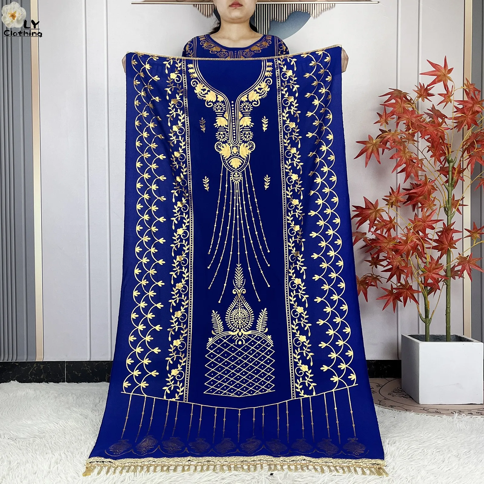 2023 New Muslim Summer Short Sleeve Robe Gold Stamping Boubou Maxi Women Femme Loose Dress With Big Scarf African Abaya Clothes