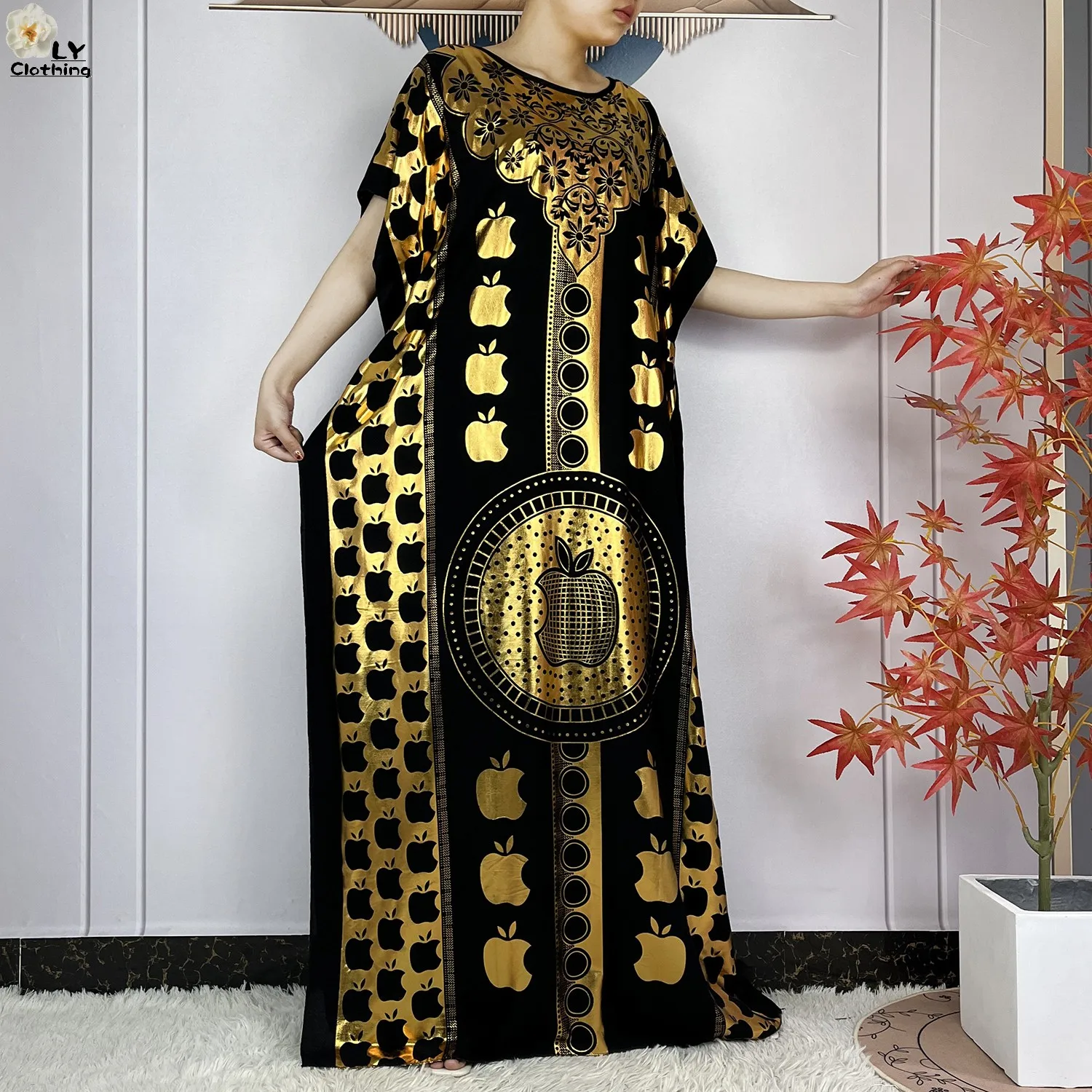 2023 New Muslim Summer Short Sleeve Robe Gold Stamping Boubou Maxi Women Femme Loose Dress With Big Scarf African Abaya Clothes