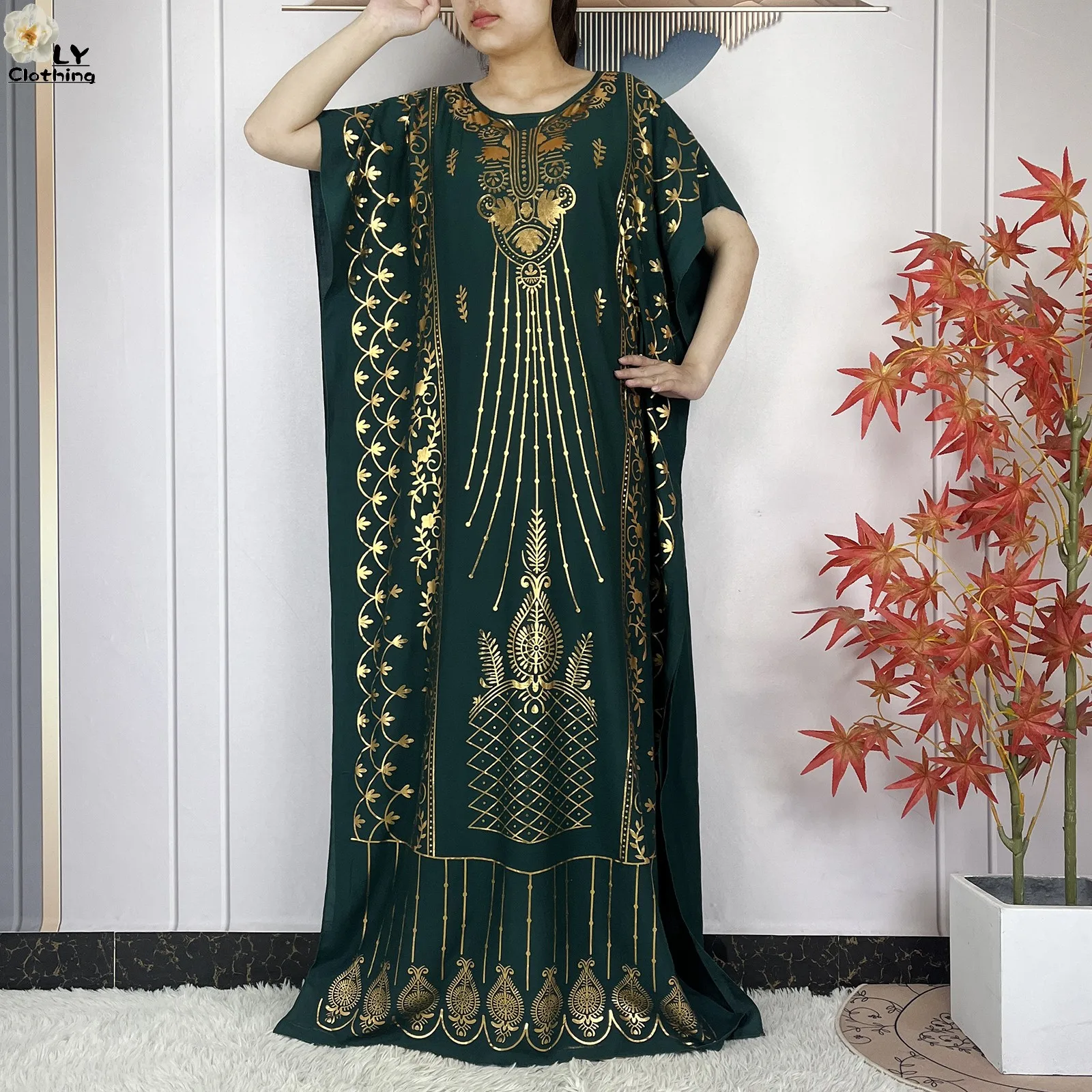 2023 New Muslim Summer Short Sleeve Robe Gold Stamping Boubou Maxi Women Femme Loose Dress With Big Scarf African Abaya Clothes