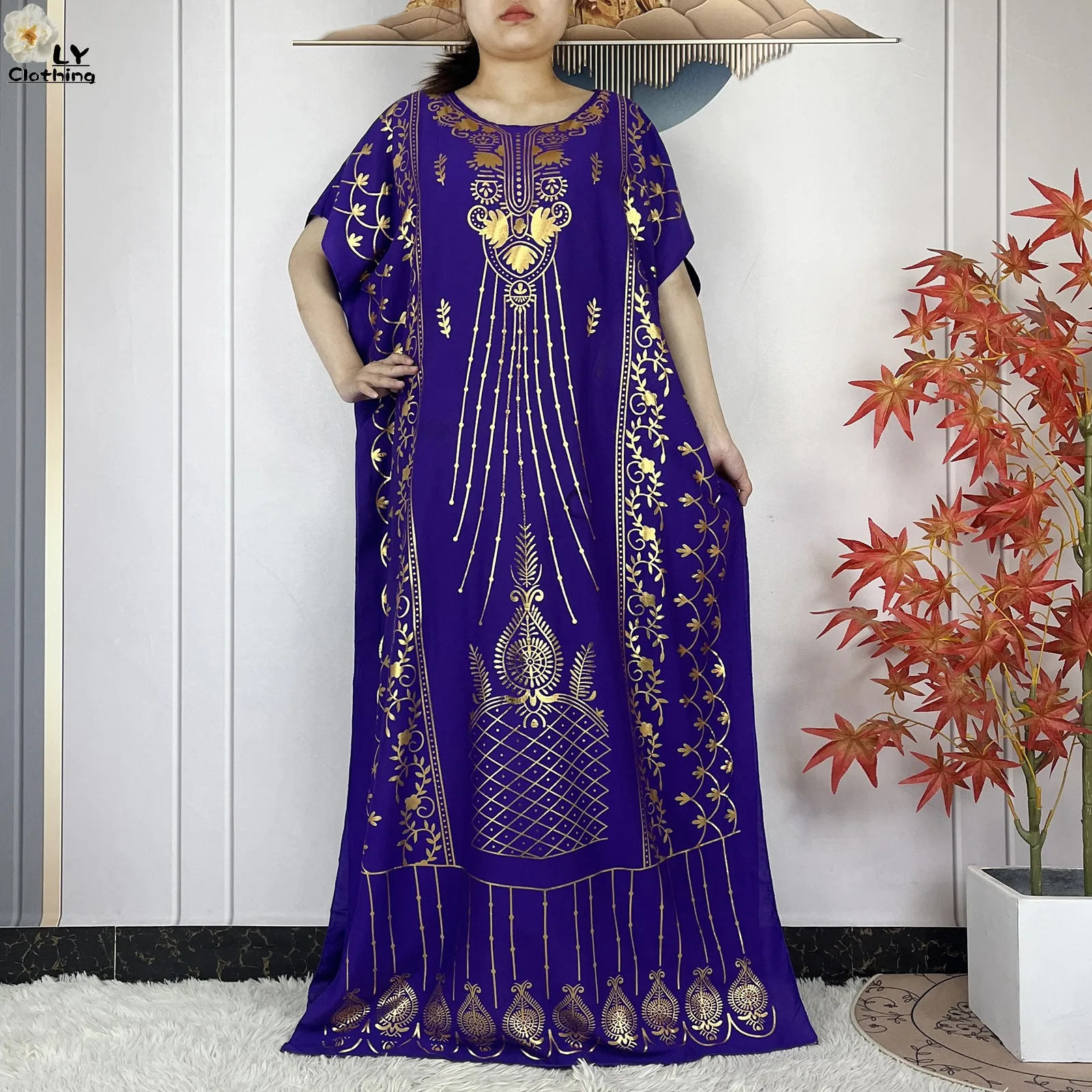 2023 New Muslim Summer Short Sleeve Robe Gold Stamping Boubou Maxi Women Femme Loose Dress With Big Scarf African Abaya Clothes