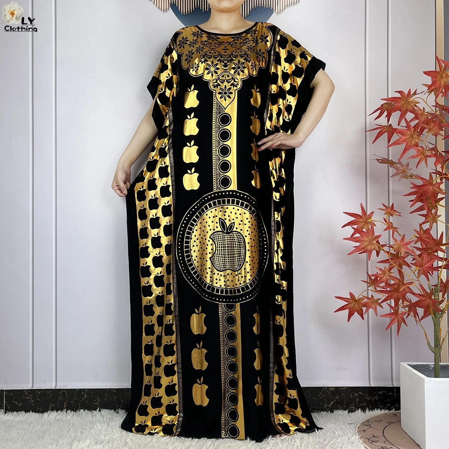 2023 New Muslim Summer Short Sleeve Robe Gold Stamping Boubou Maxi Women Femme Loose Dress With Big Scarf African Abaya Clothes