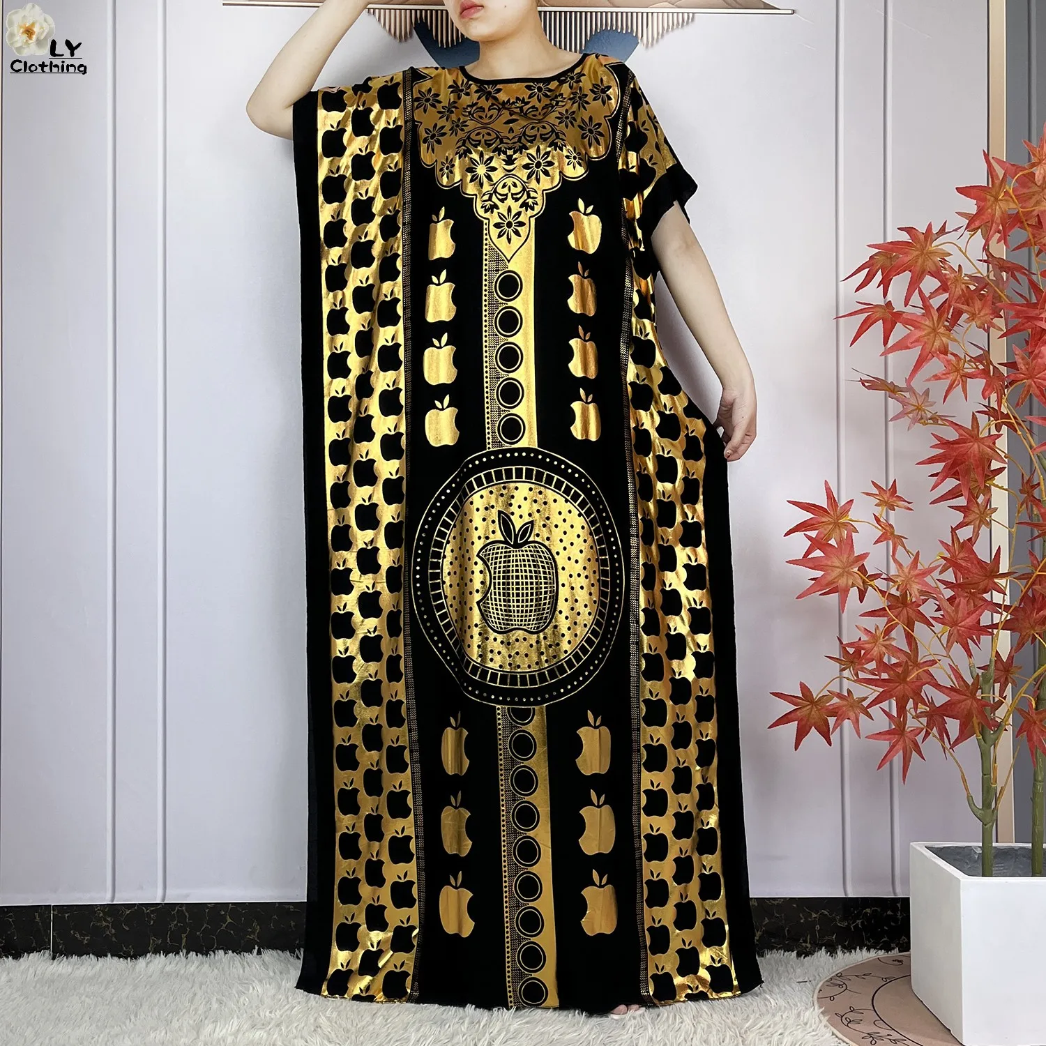 2023 New Muslim Summer Short Sleeve Robe Gold Stamping Boubou Maxi Women Femme Loose Dress With Big Scarf African Abaya Clothes