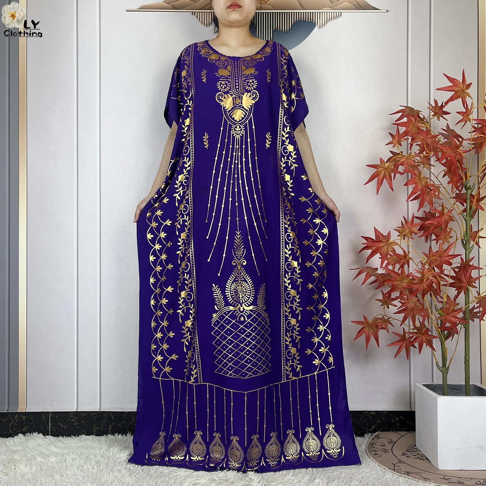 2023 New Muslim Summer Short Sleeve Robe Gold Stamping Boubou Maxi Women Femme Loose Dress With Big Scarf African Abaya Clothes