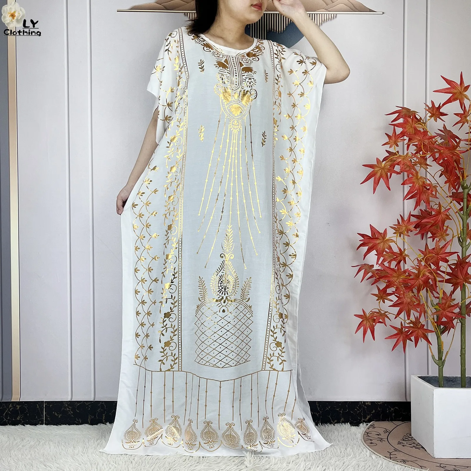 2023 New Muslim Summer Short Sleeve Robe Gold Stamping Boubou Maxi Women Femme Loose Dress With Big Scarf African Abaya Clothes