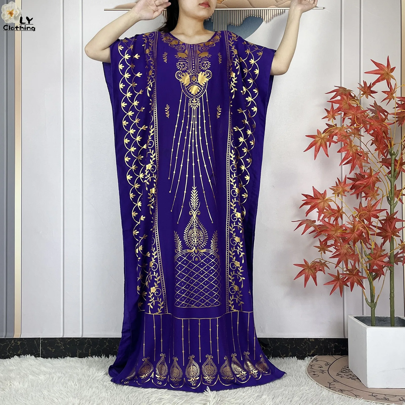 2023 New Muslim Summer Short Sleeve Robe Gold Stamping Boubou Maxi Women Femme Loose Dress With Big Scarf African Abaya Clothes