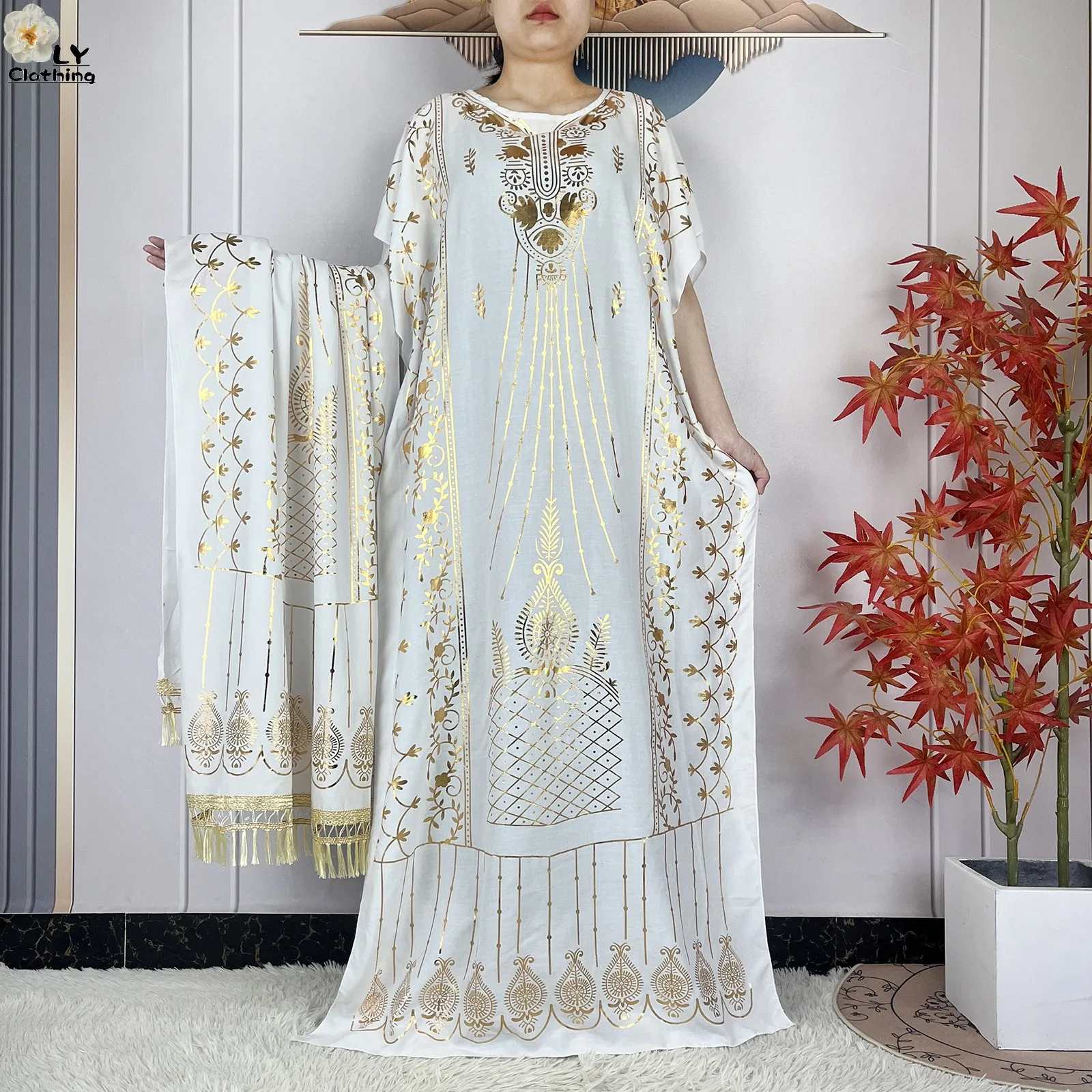 2023 New Muslim Summer Short Sleeve Robe Gold Stamping Boubou Maxi Women Femme Loose Dress With Big Scarf African Abaya Clothes