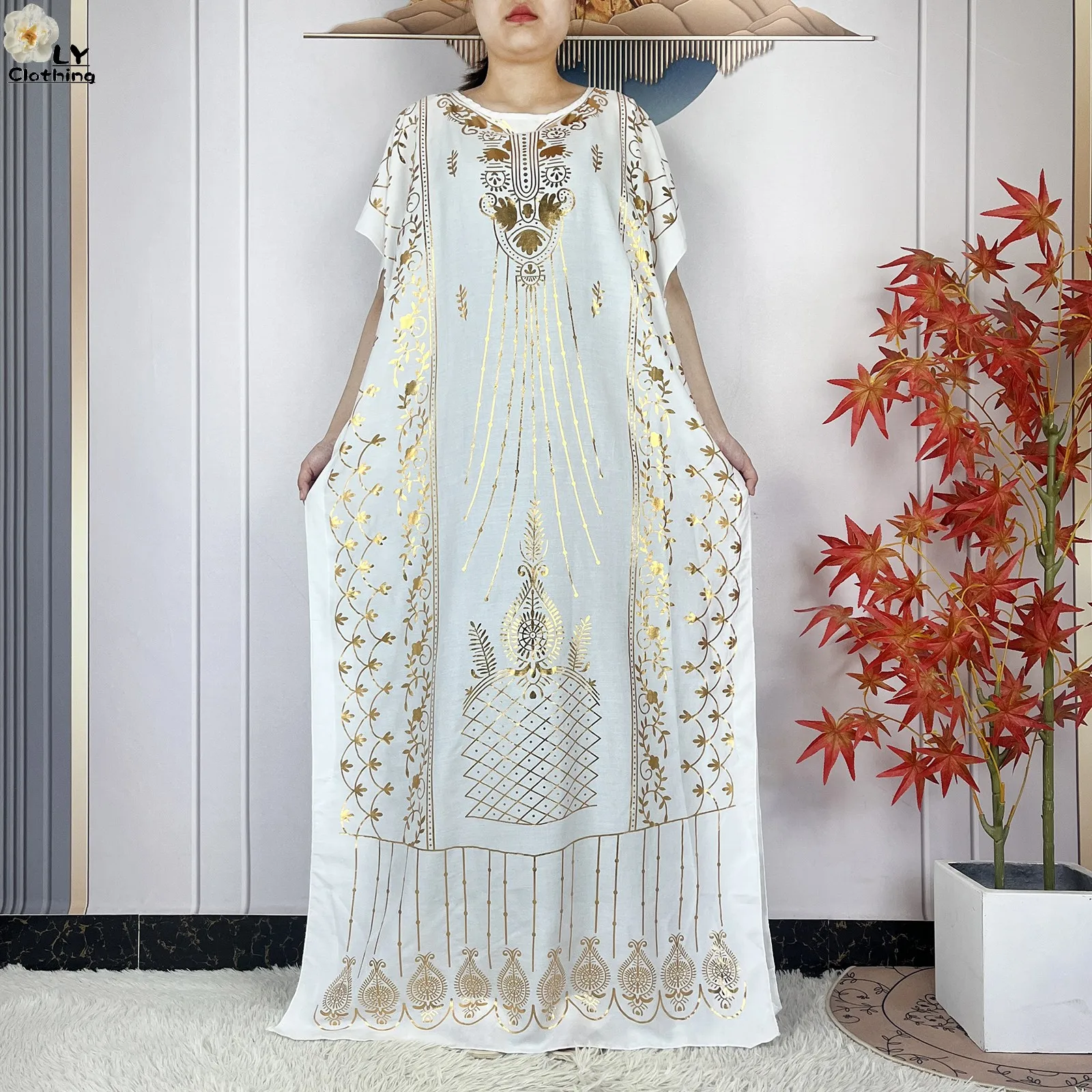 2023 New Muslim Summer Short Sleeve Robe Gold Stamping Boubou Maxi Women Femme Loose Dress With Big Scarf African Abaya Clothes
