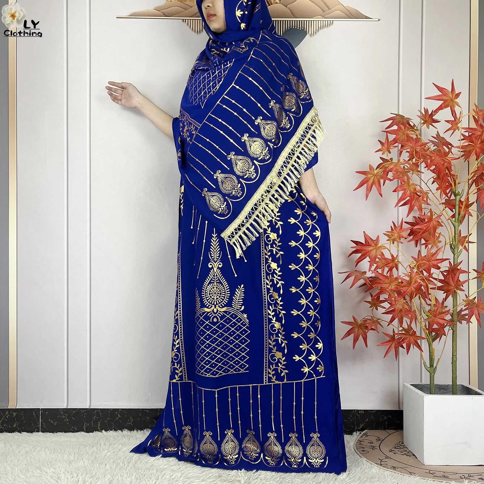 2023 New Muslim Summer Short Sleeve Robe Gold Stamping Boubou Maxi Women Femme Loose Dress With Big Scarf African Abaya Clothes
