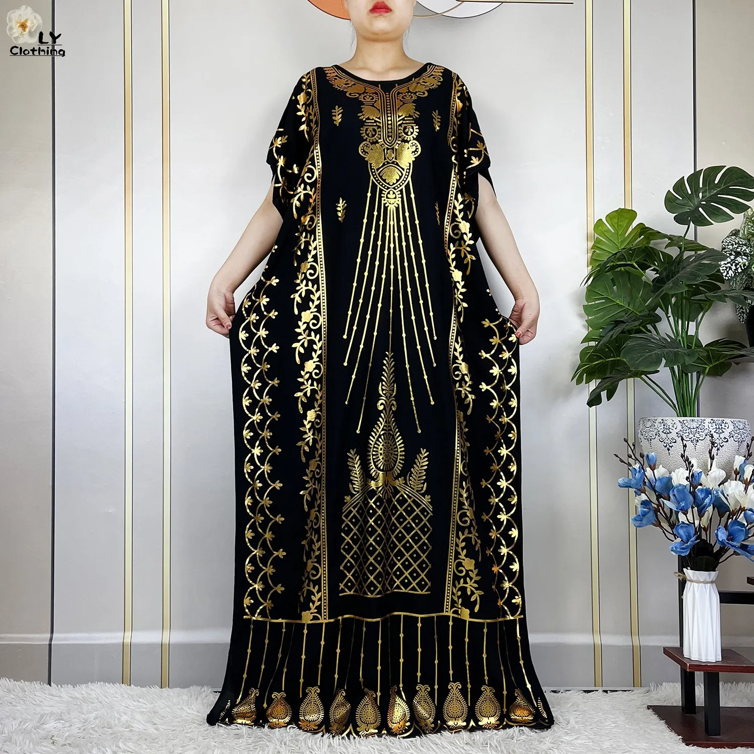 2023 New Muslim Summer Short Sleeve Robe Gold Stamping Boubou Maxi Women Femme Loose Dress With Big Scarf African Abaya Clothes