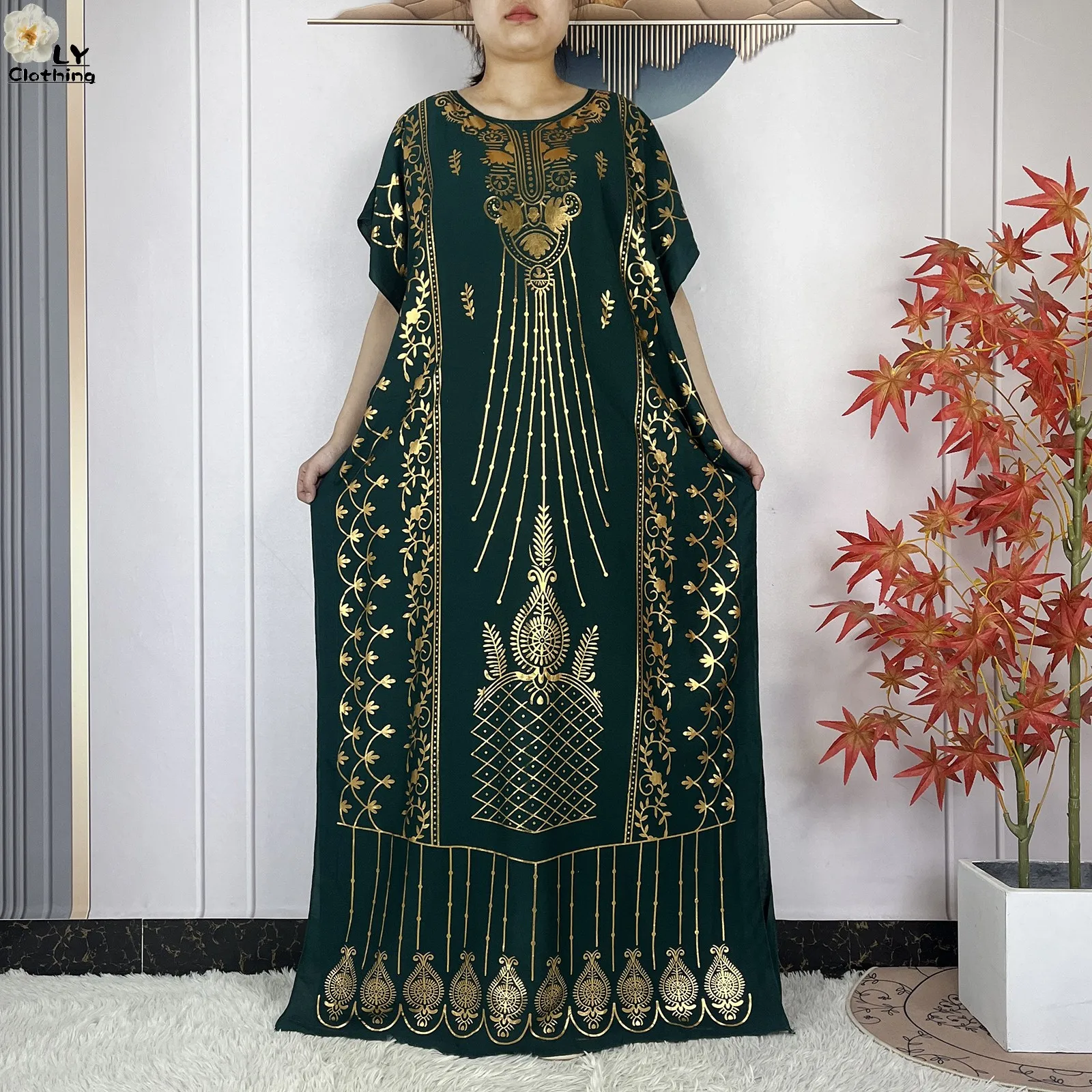 2023 New Muslim Summer Short Sleeve Robe Gold Stamping Boubou Maxi Women Femme Loose Dress With Big Scarf African Abaya Clothes