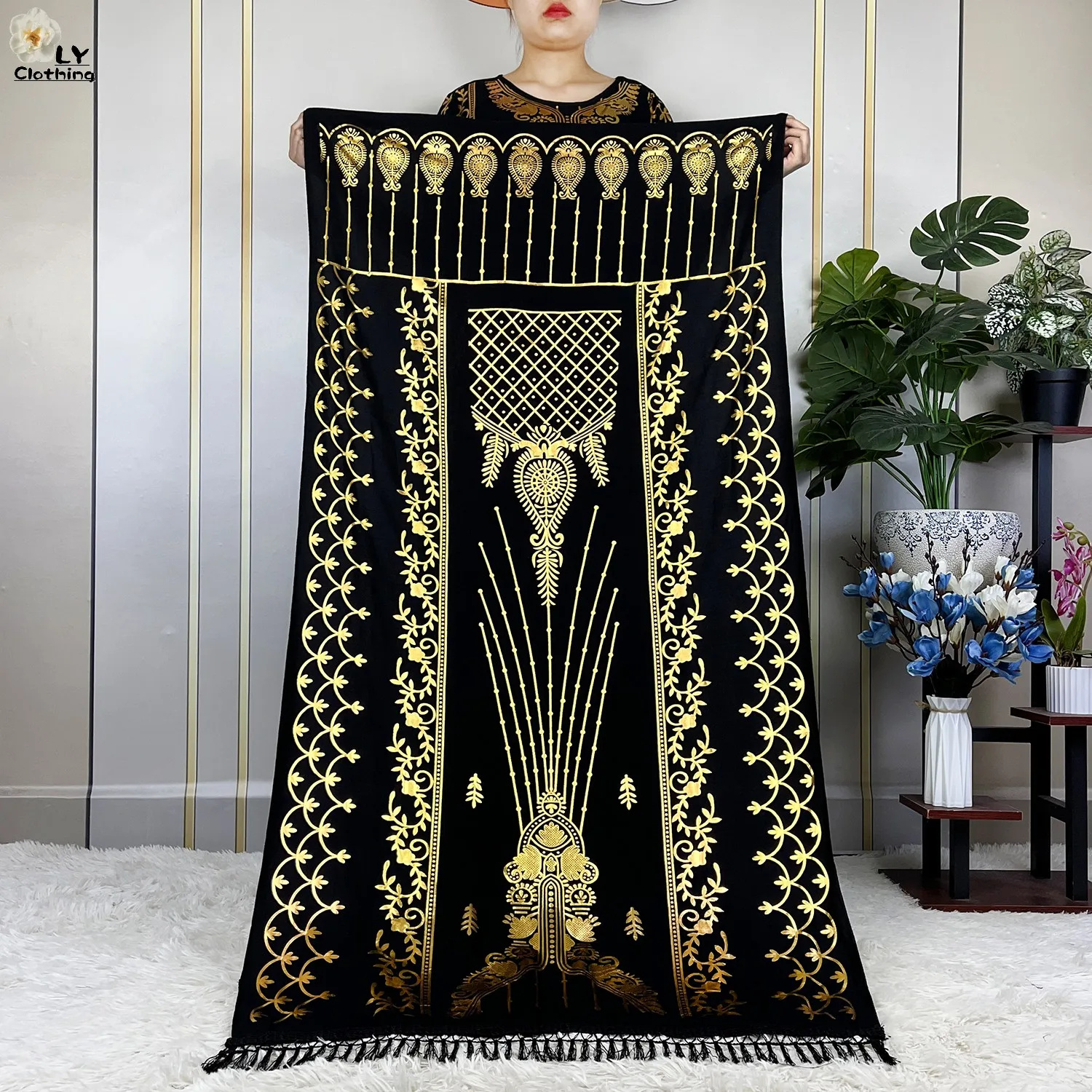 2023 New Muslim Summer Short Sleeve Robe Gold Stamping Boubou Maxi Women Femme Loose Dress With Big Scarf African Abaya Clothes