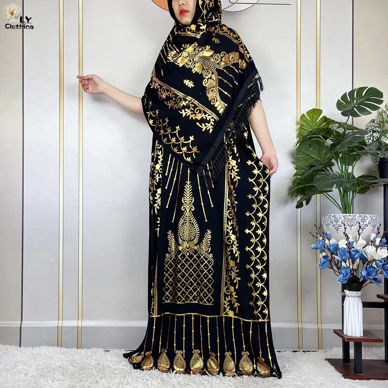 2023 New Muslim Summer Short Sleeve Robe Gold Stamping Boubou Maxi Women Femme Loose Dress With Big Scarf African Abaya Clothes