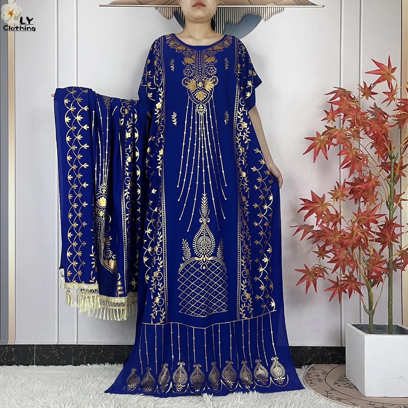 2023 New Muslim Summer Short Sleeve Robe Gold Stamping Boubou Maxi Women Femme Loose Dress With Big Scarf African Abaya Clothes