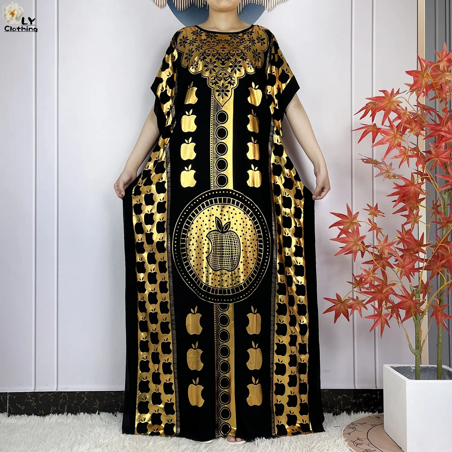 2023 New Muslim Summer Short Sleeve Robe Gold Stamping Boubou Maxi Women Femme Loose Dress With Big Scarf African Abaya Clothes