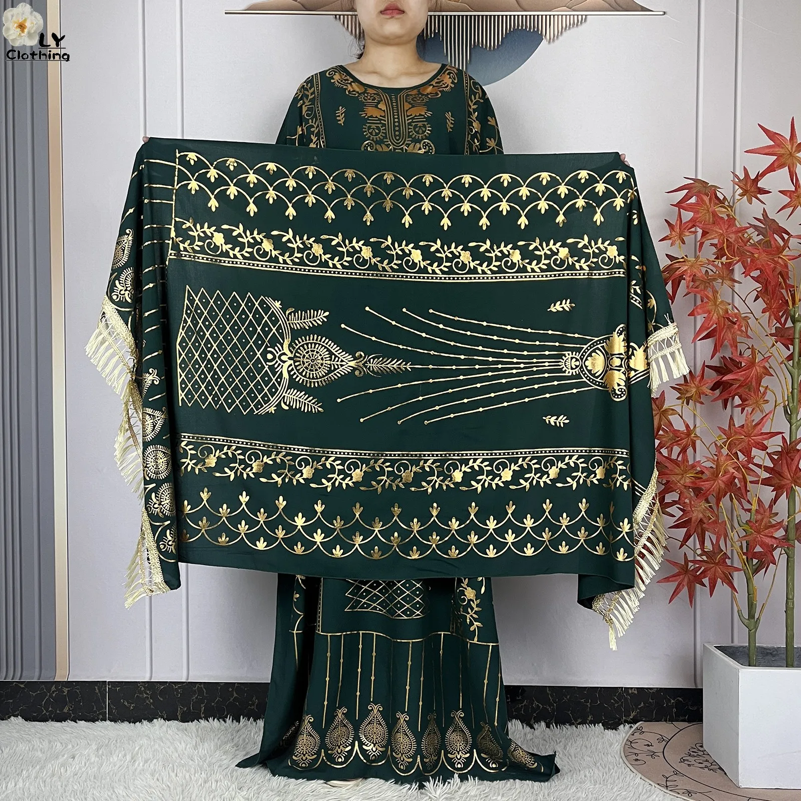 2023 New Muslim Summer Short Sleeve Robe Gold Stamping Boubou Maxi Women Femme Loose Dress With Big Scarf African Abaya Clothes