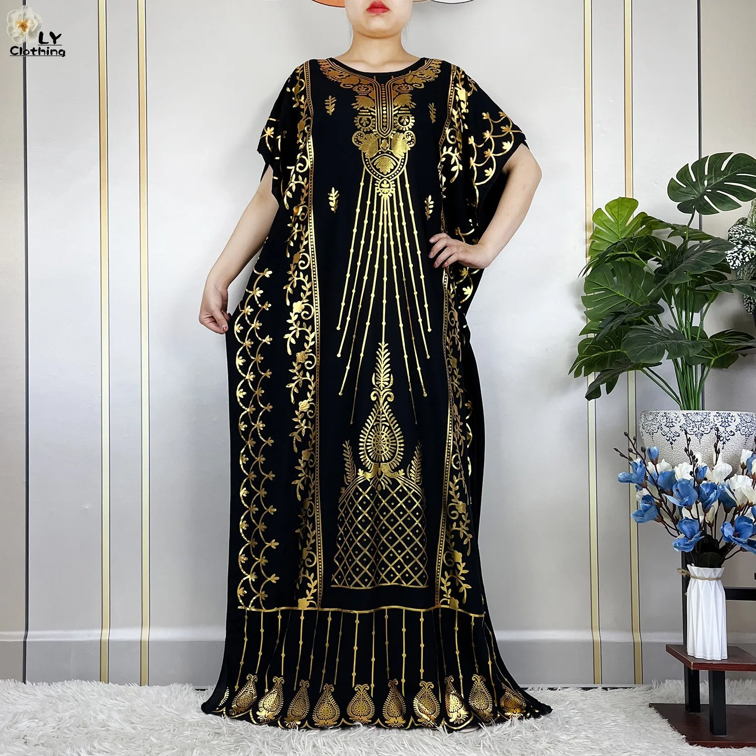 2023 New Muslim Summer Short Sleeve Robe Gold Stamping Boubou Maxi Women Femme Loose Dress With Big Scarf African Abaya Clothes