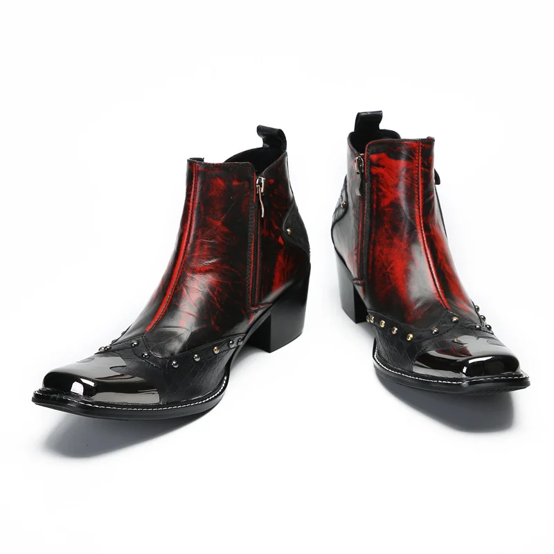 Designer Metal Square Toe Cowboy Motorcycle Short Boots Male Big Size Rivets Genuine Leather Ankle Boots Business Formal Shoes