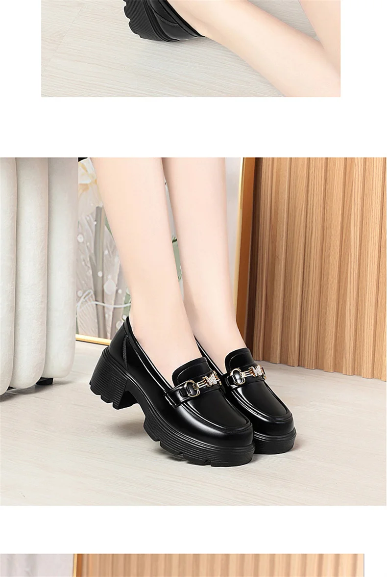 Spring Soft Leather Platform Loafers Women Fashion Elegant Mary Jane Black Round Toe Casual Anti-slip Comfort Single Shoes