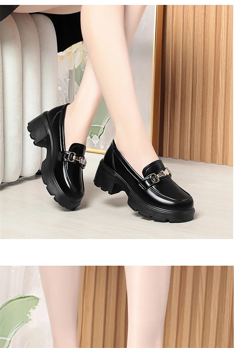 Spring Soft Leather Platform Loafers Women Fashion Elegant Mary Jane Black Round Toe Casual Anti-slip Comfort Single Shoes