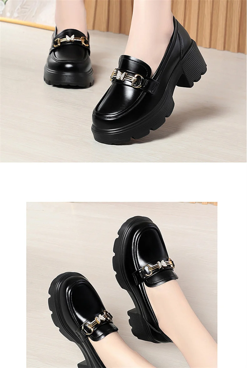 Spring Soft Leather Platform Loafers Women Fashion Elegant Mary Jane Black Round Toe Casual Anti-slip Comfort Single Shoes