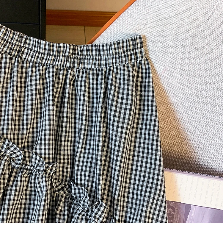 Summer New Elastic Waist Skirt Women Black and White Plaid Irregular A-line Thin High Waist Versatile Skirt Female