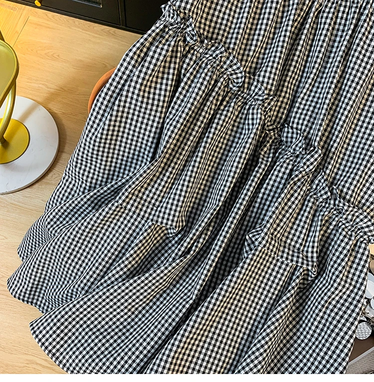 Summer New Elastic Waist Skirt Women Black and White Plaid Irregular A-line Thin High Waist Versatile Skirt Female