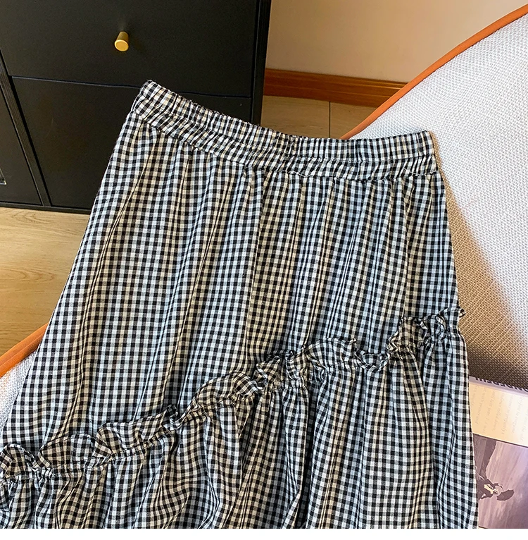 Summer New Elastic Waist Skirt Women Black and White Plaid Irregular A-line Thin High Waist Versatile Skirt Female